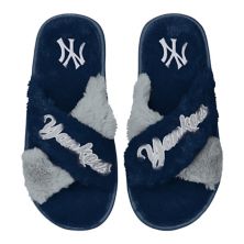Women's FOCO Navy New York Yankees Two-Tone Crossover Faux Fur Slide Slippers Unbranded