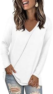 LONGYUAN Women Long Sleeve Tops Vneck Shirts Basic Loose Tunic Tops Casual 2025 Trendy Blouses Longyuan