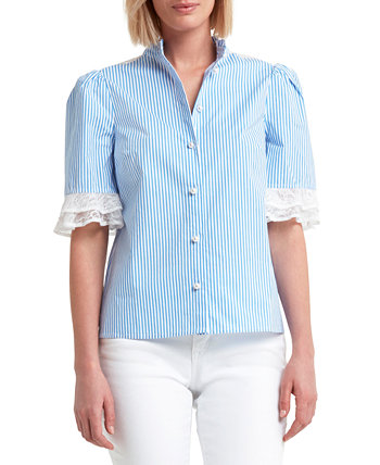 Полосатая блуза из эластичного поплина с кружевной отделкой H HALSTON