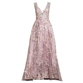 Кружевное платье трапеции с цветочным принтом и складками MAC DUGGAL