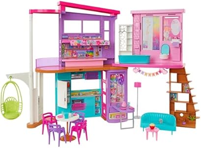 Barbie Vacation House, 2-Storey Fully-Furnished Barbie House with 6 Play Areas, Swing Chair Elevator, 30 Accessories, Fold and Store, Toys for Ages 3 and Up, One Toy House, HCD50 Barbie