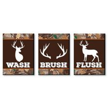 Big Dot of Happiness Gone Hunting - Kids Bathroom Rules Wall Art - 7.5 x 10 inches - Set of 3 Signs - Wash, Brush, Flush Big Dot of Happiness