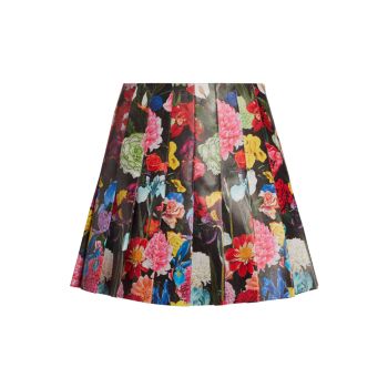 Carted Floral Pleat Faux Leather Skirt Alice + Olivia