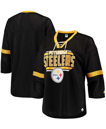 Женская черная футболка Pittsburgh Steelers Lead Game на шнуровке с v-образным вырезом и рукавом 3/4 Starter