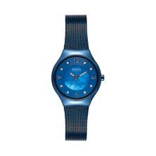 Женские тонкие солнечные синие часы с сетчатым ремешком из нержавеющей стали Bering