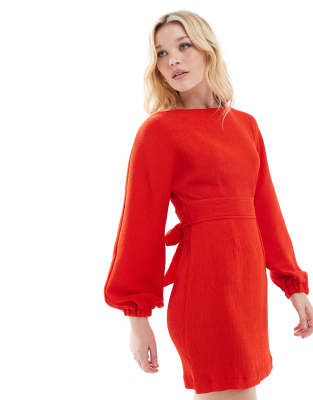 Closet London ribbed balloon sleeve mini dress in red Closet London