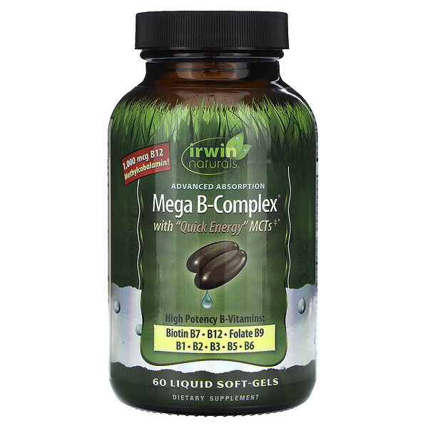 Mega B-Complex с МСТ Quick Energy, 60 мягких капсул с жидкостью Irwin Naturals