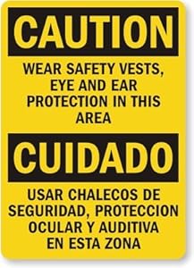 SmartSign S-9778-PL-14 "Caution: Wear Safety Vests, Eye/Ear Protection" Plastic Sign, Bilingual, 14" x 10", White on Blue SmartSign