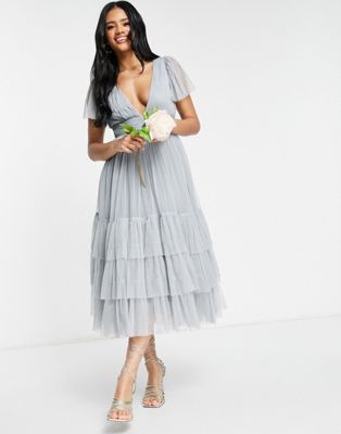 Lace & Beads Bridesmaid Madison v neck tulle dress in dusty blue LACE & BEADS