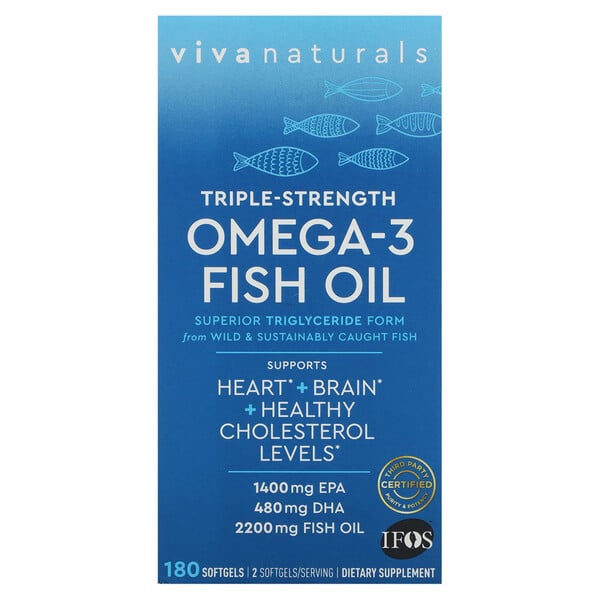 Рыбий жир с омега-3, тройной силы, 2200 мг, 180 мягких таблеток (1100 мг на мягкую таблетку) Viva Naturals