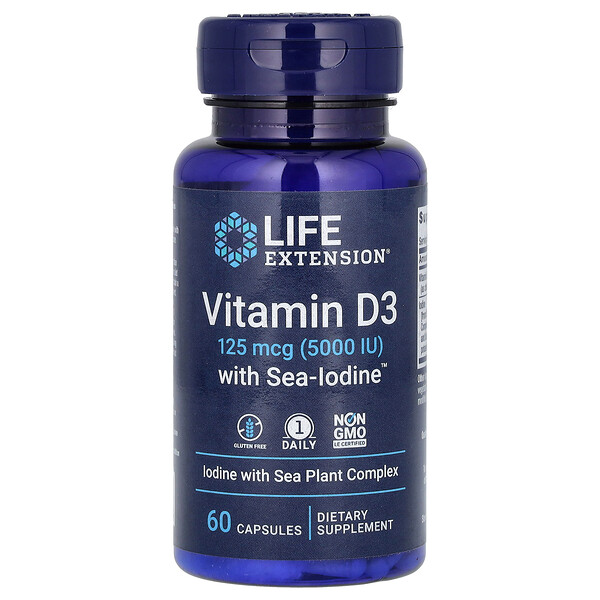 Витамин D3 с Морским Йодом - 125 мкг (5000 МЕ) - 60 капсул - Life Extension Life Extension