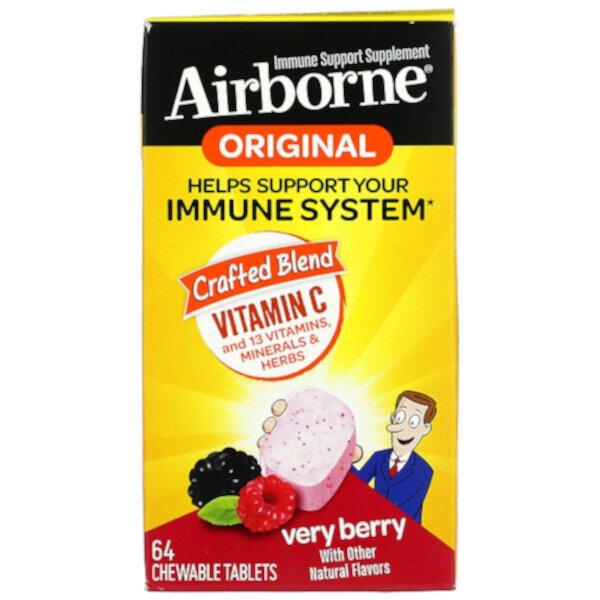 Original, Добавка для поддержки иммунитета, очень ягодная, 64 жевательные таблетки AirBorne