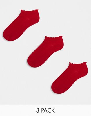 ASOS DESIGN 3 pack short ankle socks in red with frill trim  ASOS DESIGN