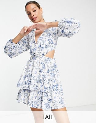 New Look Tall cut out long sleeve mini dress in blue floral New Look Tall