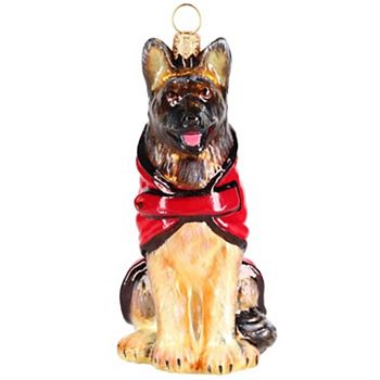 Joy To The World German Shepherd In Red & Black Jacket Polish Glass Ornament Pinnacle Peak Trading Company