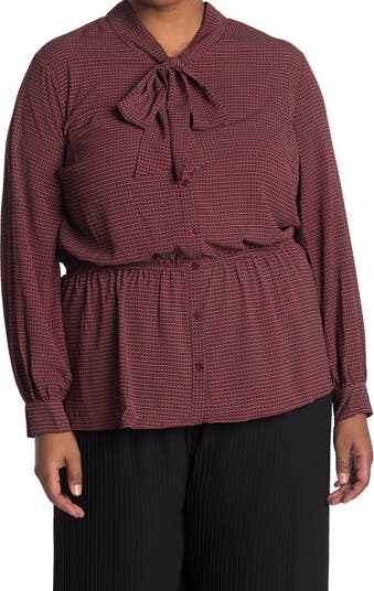 Блуза с баской на пуговицах с геометрическим принтом и завязками на воротнике Pleione