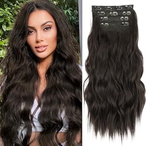 KooKaStyle Clip in Synthetic Hair Extensions Long Wavy 4PCS Thick Hairpieces Black Fiber Double Weft Natural Hair Extensions 24 Inch for Women KooKaStyle