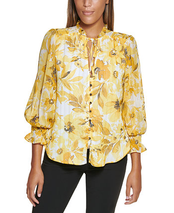 Фактурная блузка Petite с цветочным принтом и завязками на воротнике DKNY