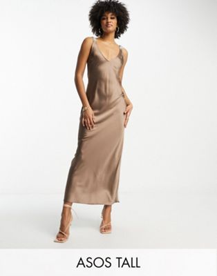 Атласное платье-комбинация миди цвета мокко и серых цветов ASOS DESIGN Tall с эластичной спинкой ASOS Tall