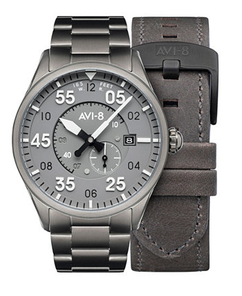 Мужские часы Spitfire с темно-серым сплошным браслетом из нержавеющей стали и серым ремешком из натуральной кожи, 42 мм AVI-8