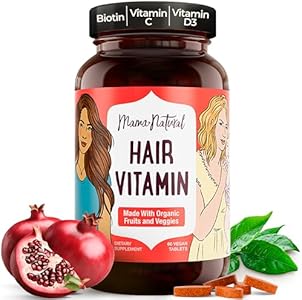 Mama Natural Hair Growth Vitamins - Made with Organic Fruit & Veg (30 Serves) - Ultra Clean, Vegan & Non-GMO Postpartum Hair Loss Vitamin - Natural Hair Growth Vitamins for Women Packaged in Glass Mama Natural