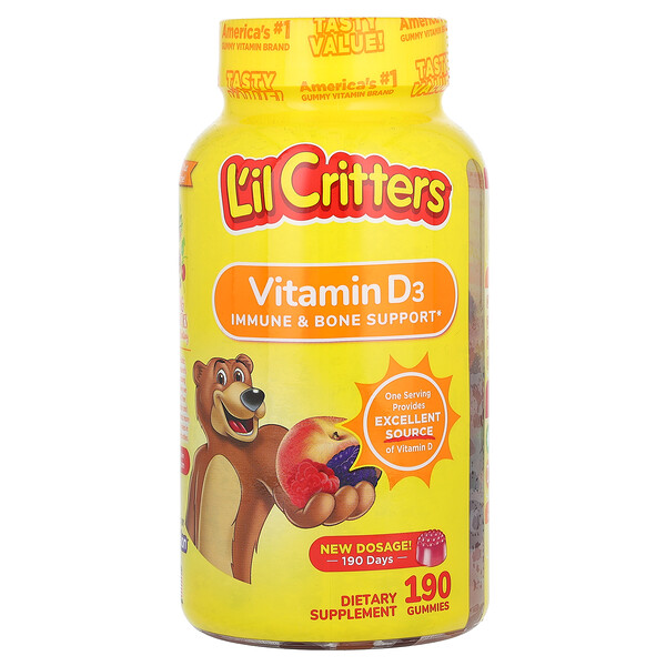 Витамин D3, малина, персик и ежевика, 190 жевательных конфет L'il Critters