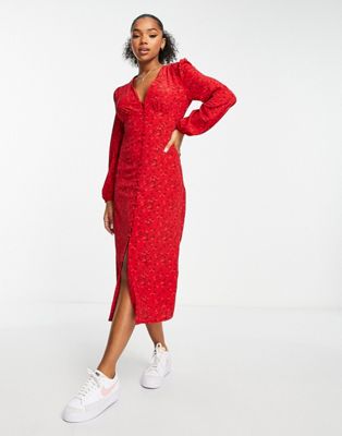 Гламурное красное платье миди с объемными рукавами и v-образным вырезом GLAMOROUS