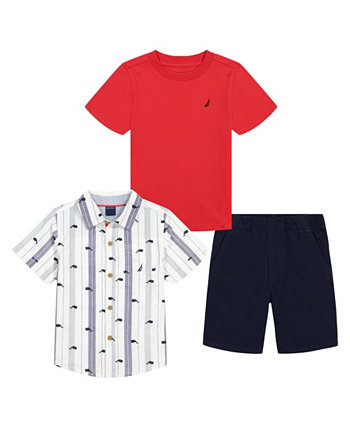 Футболка с короткими рукавами для маленьких мальчиков, рубашка в полоску с принтом и саржевые шорты, набор из 3 предметов Nautica