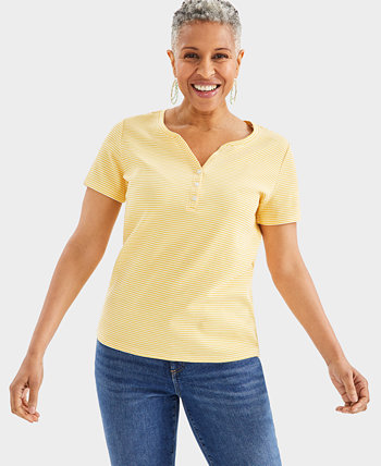 Women's Striped Short-Sleeve Henley Top, Created for Macy's Style & Co
