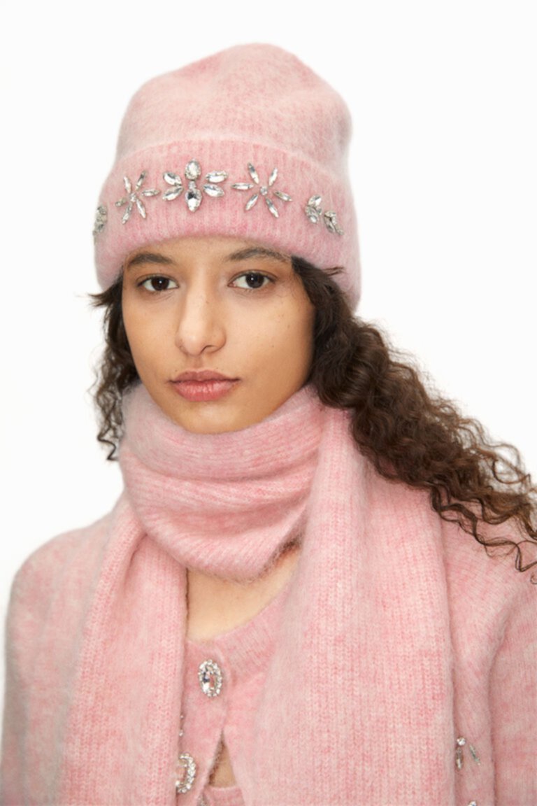 Topshop knitted fur pom pom beanie in dusky pink