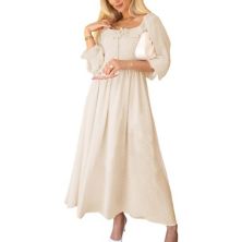 Women's Long Sleeve Swiss Dot Lined Maxi Dress For Women Smocked Tied Detail Square Neck Anna-Kaci