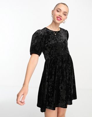 Черное бархатное платье мини с пышными рукавами Monki Monki