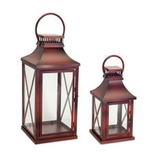Set of 2 Metallic Brown Antique Styled Glass Candle Lantern with Round Handle 20&#34; Diva At Home