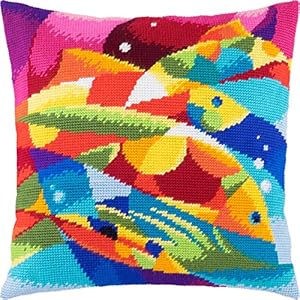 Brvsk Colorful Embroidery Kit for Adults and Beginners — Abstract Fish 16″ × 16″ with Clear, Precise Printed Design on Cotton Canvas; Includes 2 Needles, Yarn, and Easy-Read Chart Brvsk