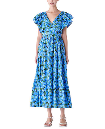 Women's Floral-Print Tiered Flutter-Sleeve Dress English Factory