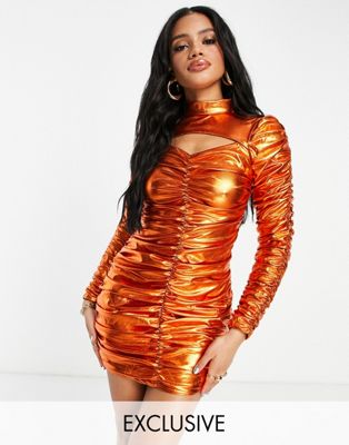 Collective the Label exclusive long sleeve cut out sequin mini dress in orange Collective The Label