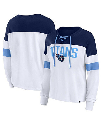 Женская бело-темно-синяя футболка Tennessee Titans размера плюс с v-образным вырезом и длинными рукавами на шнуровке Fanatics