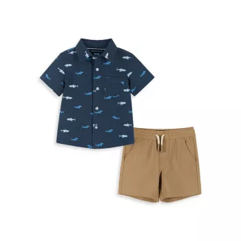 Baby Boy's, Little Boy's &amp; Рубашка с короткими рукавами и принтом акулы для мальчиков &amp; Комплект шорт Andy & Evan