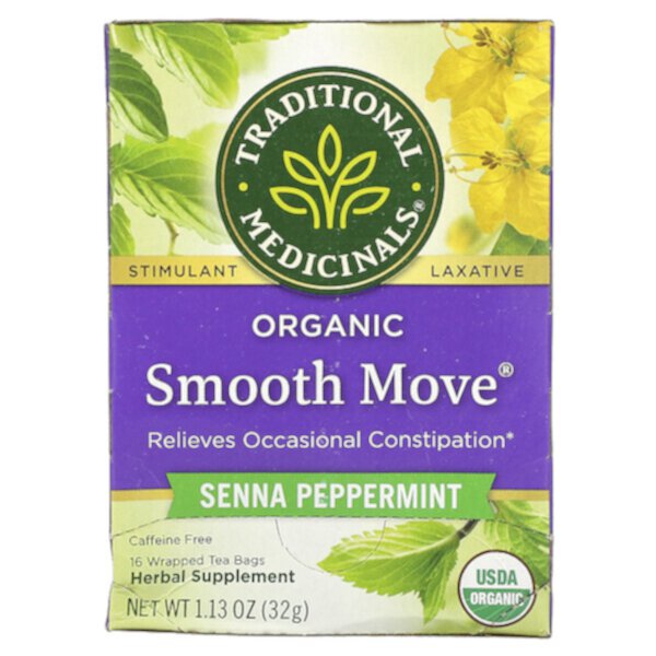 Organic Smooth Move, Мята сенна, без кофеина, 16 чайных пакетиков в упаковке, 1,13 унции (32 г) Traditional Medicinals