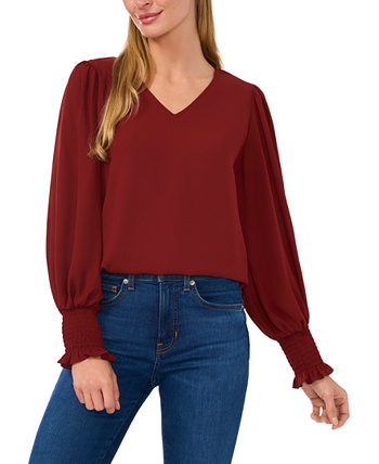 Women's Long-Sleeve Smocked-Cuff V-Neck Blouse CeCe