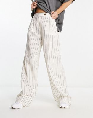Широкие льняные брюки с завышенной талией Bershka в полоску цвета экрю Bershka
