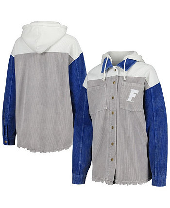 Женская серая потертая вельветовая куртка с капюшоном в винтажном стиле, потертости и застежкой на кнопки Gameday Couture