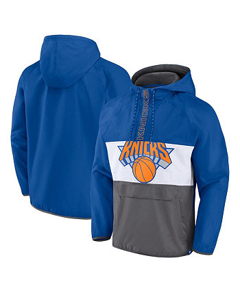Мужской сине-серый анорак New York Knicks с капюшоном и полумолнией на молнии с капюшоном и принтом в стиле реглан. Fanatics