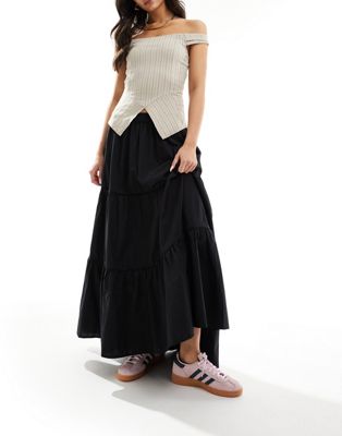 Monki maxi tiered poplin cotton skirt with half elastic waist in black Monki