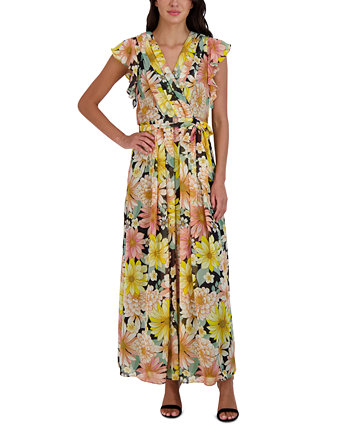 Flutter-Sleeve Printed Chiffon Maxi Dress Donna Ricco