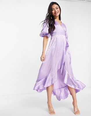 Blume Bridal wrap jacquard midi dress with puff sleeve and frill detail in lilac floral  Blume Bridal