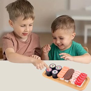 saidjrlf Wooden Sushi Playset for Kids Pretend Food Toy with Assorted Sushi on Wooden Tray Encourages Imaginative Play Role Playing and Fine Motor Skills Developm Saidjrlf