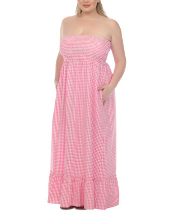 Plus Size Strapless Gingham Cotton Cover Up Maxi Dress Raviya