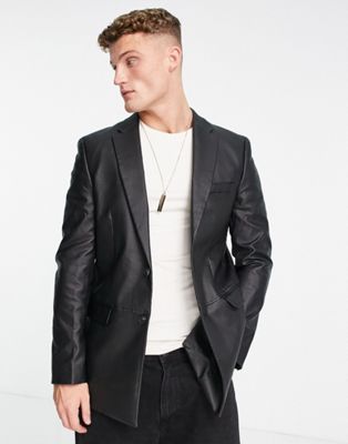 Черный узкий пиджак из искусственной кожи свободного кроя на двух пуговицах Topman TOPMAN