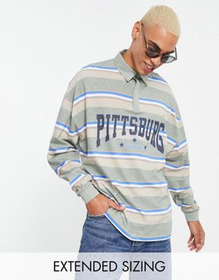 Мужская футболка-поло с длинным рукавом ASOS DESIGN в полоску хаки с принтом Pittsburg ASOS DESIGN